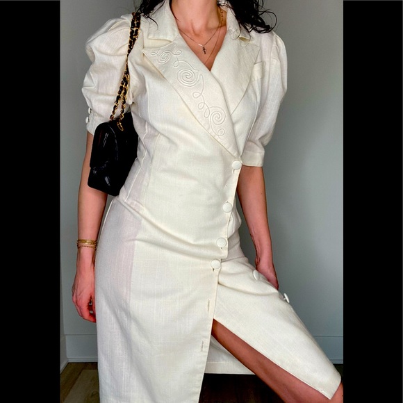 VINTAGE 80’s button down cream/Vanilla colour linen new condition Size 4 dress - Picture 5 of 14